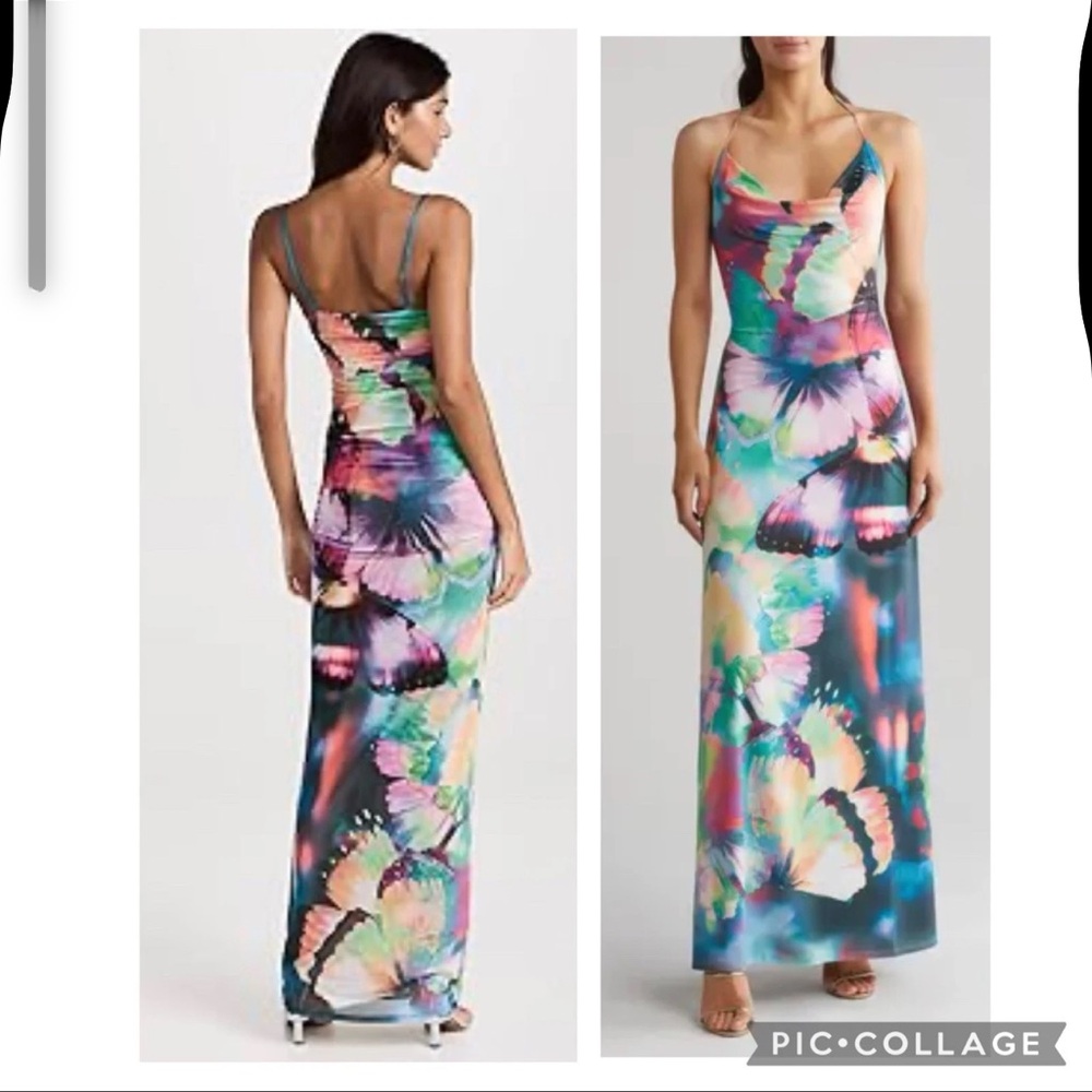 AFRM Women's Multicolor Butterfly Print Mesh  Maxi Dress
